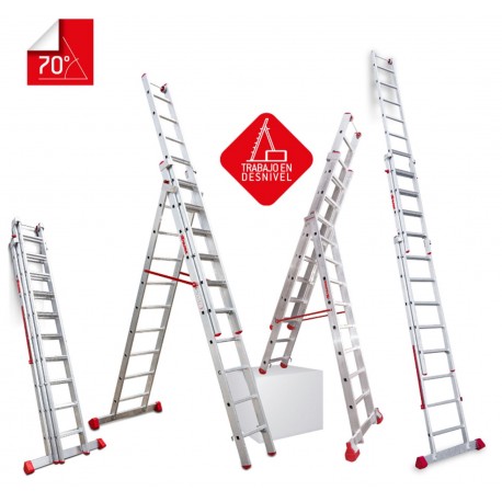 Escalera multiuso de 3 tramos con peldaños cómodos EN1510 9+10+10 Peldaños